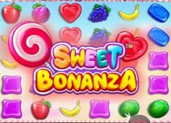 Casino Sweet Bonanza game with colorful candies and fruits.  Rolling Slots Casino Online Canada